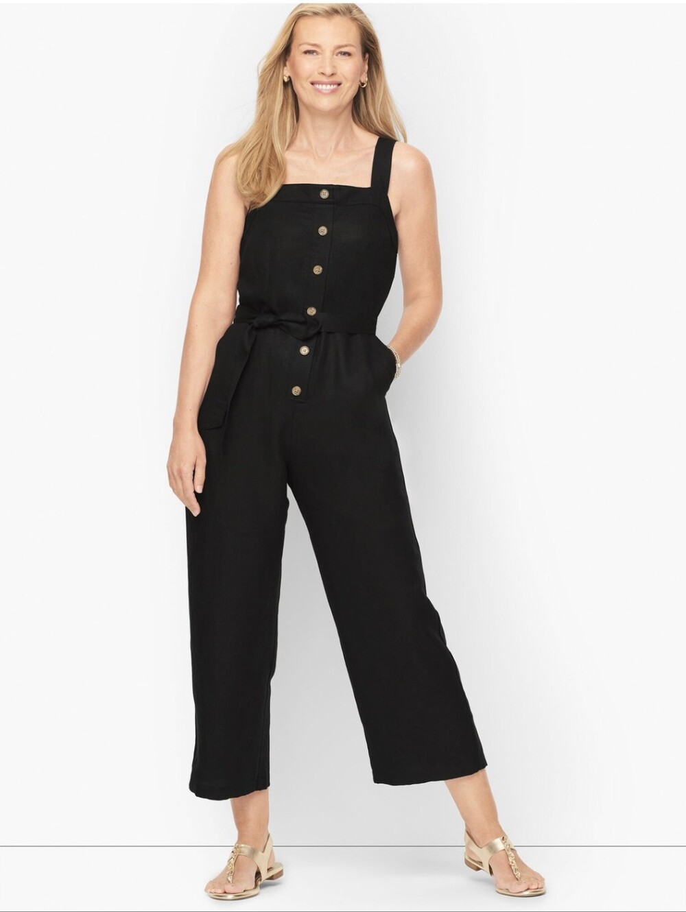 Talbots Womens Tie Waist Button Front Jumpsuit Cropped Wide Leg Quiet Luxury 10